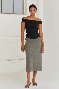 Brianna Brushed Herringbone Midi Skirt