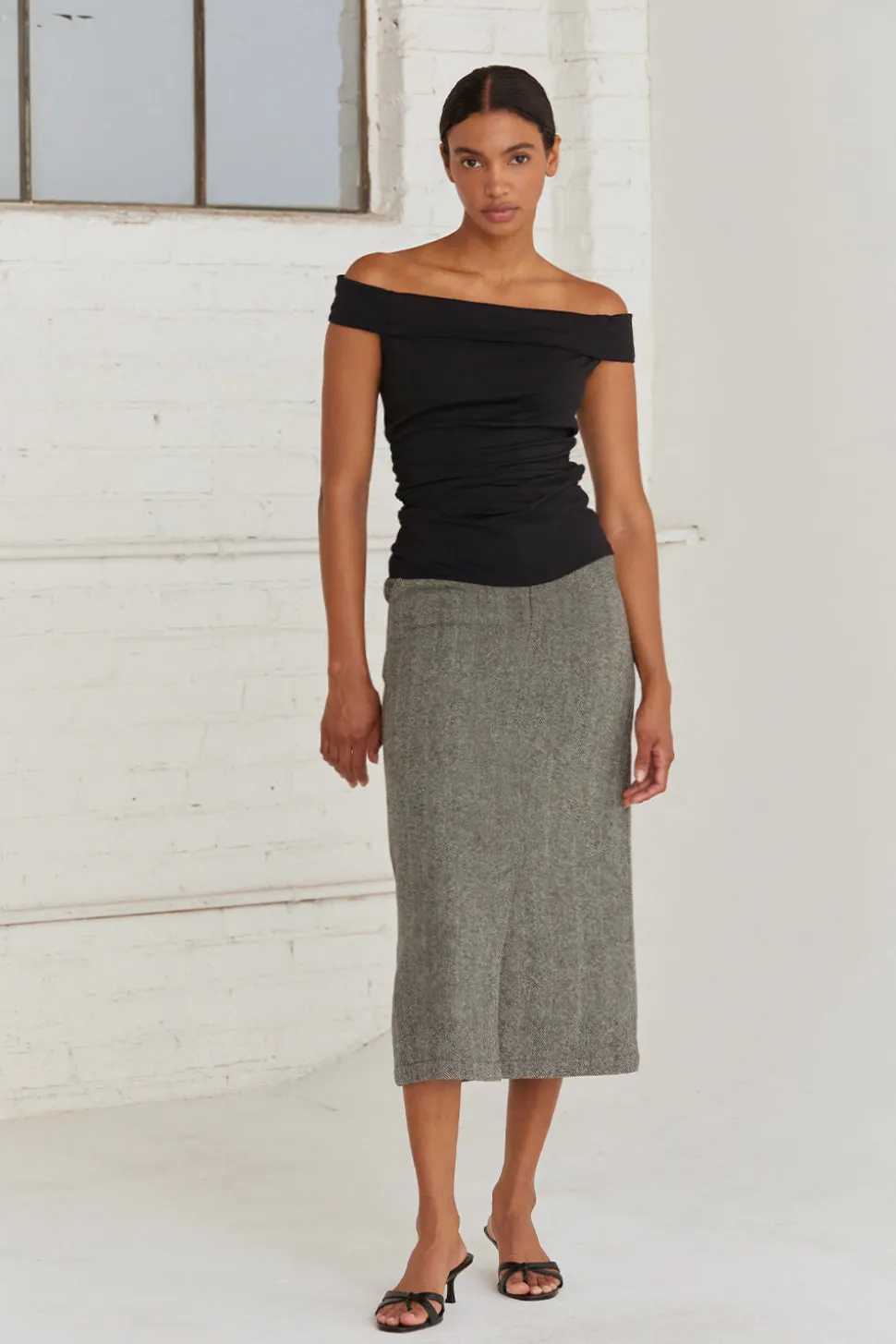 Brianna Brushed Herringbone Midi Skirt