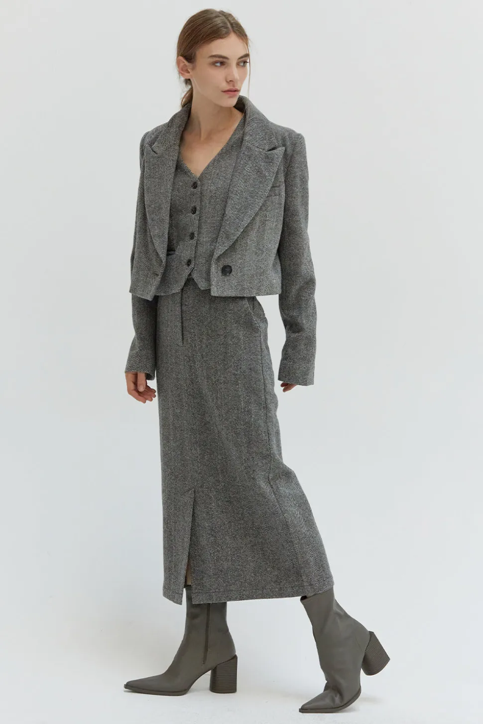 Brianna Brushed Herringbone Midi Skirt