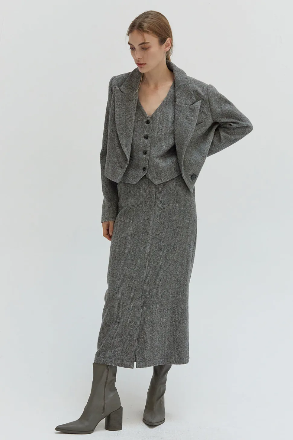 Brianna Brushed Herringbone Midi Skirt